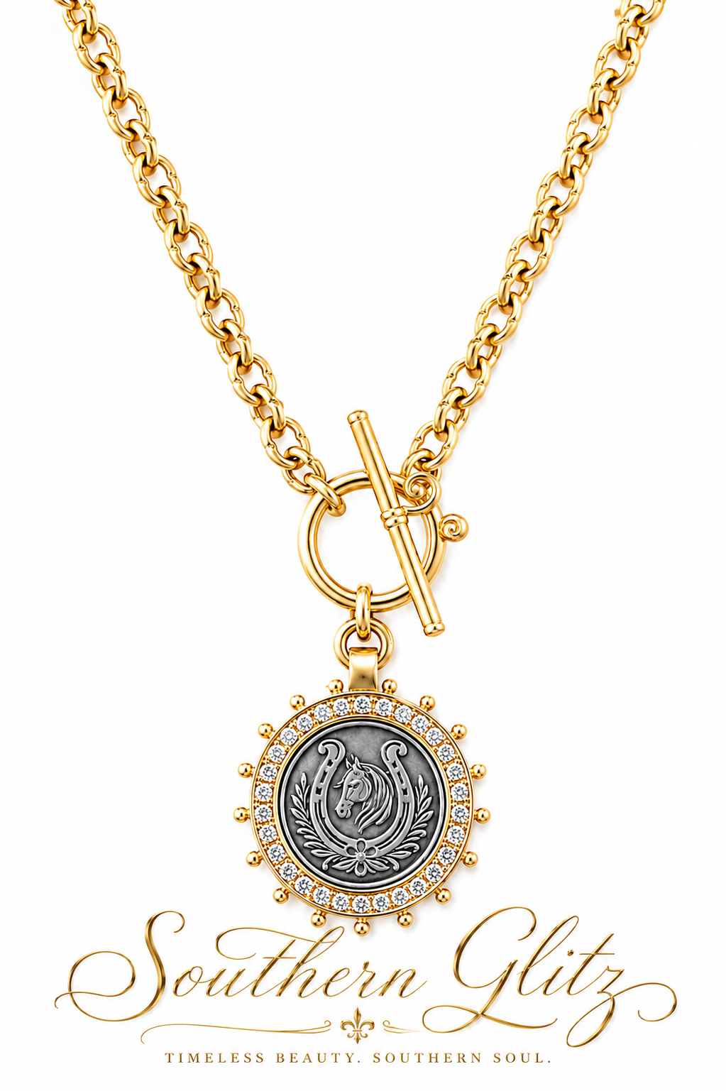 Two-Tone Horse Medallion Necklace, Gold Toggle Chain, Crystal Horseshoe Pendant, Equestrian Statement Jewelry