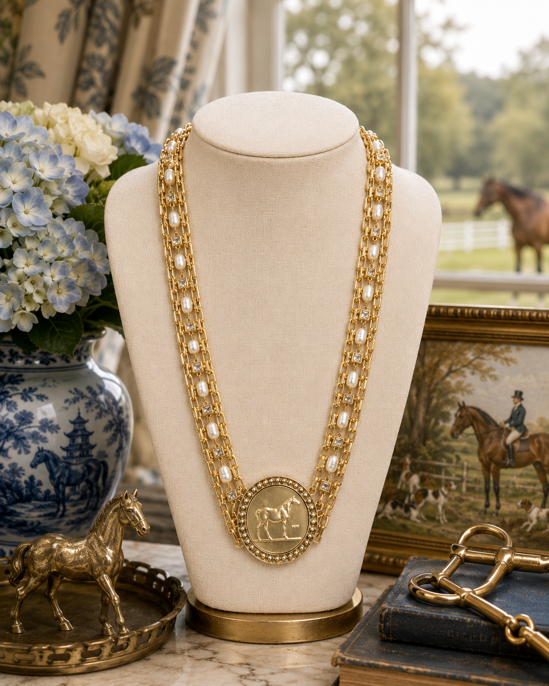 Gold Horse Medallion Necklace with Pearl and Crystal Accents, Layered Equestrian Statement Necklace, Horse Lover Jewelry