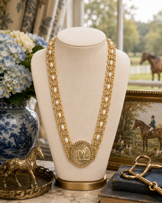Gold Horse Medallion Necklace with Pearl and Crystal Accents, Layered Equestrian Statement Necklace, Horse Lover Jewelry