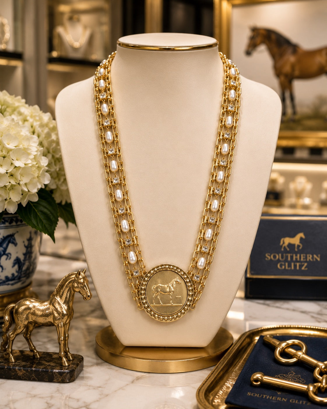Gold Horse Medallion Necklace with Pearl and Crystal Accents, Layered Equestrian Statement Necklace, Horse Lover Jewelry