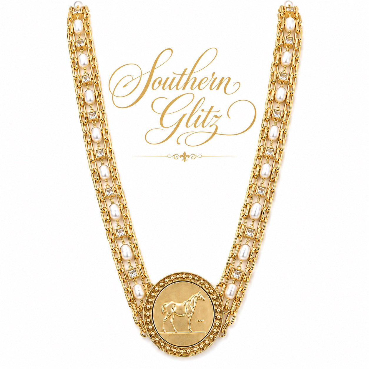 Gold Horse Medallion Necklace with Pearl and Crystal Accents, Layered Equestrian Statement Necklace, Horse Lover Jewelry