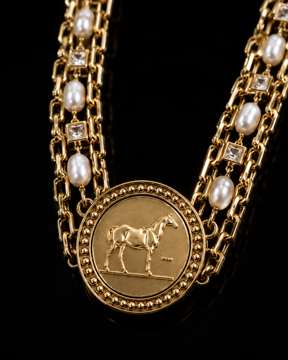 Gold Horse Medallion Necklace with Pearl and Crystal Accents, Layered Equestrian Statement Necklace, Horse Lover Jewelry