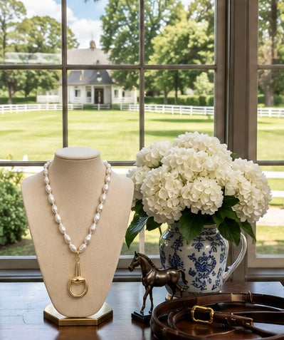 Baroque Pearl Stirrup Necklace, Gold Equestrian Pendant Necklace, Horse Lover Jewelry, Elegant Rider Gift