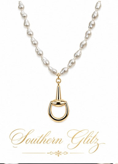 Baroque Pearl Stirrup Necklace, Gold Equestrian Pendant Necklace, Horse Lover Jewelry, Elegant Rider Gift