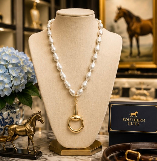 Baroque Pearl Stirrup Necklace, Gold Equestrian Pendant Necklace, Horse Lover Jewelry, Elegant Rider Gift