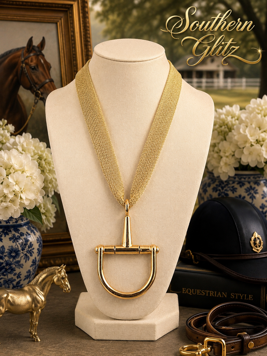 Gold Equestrian Bit Pendant Necklace | Multi-Strand Horse Lover Jewelry | Statement Horse Show Necklace