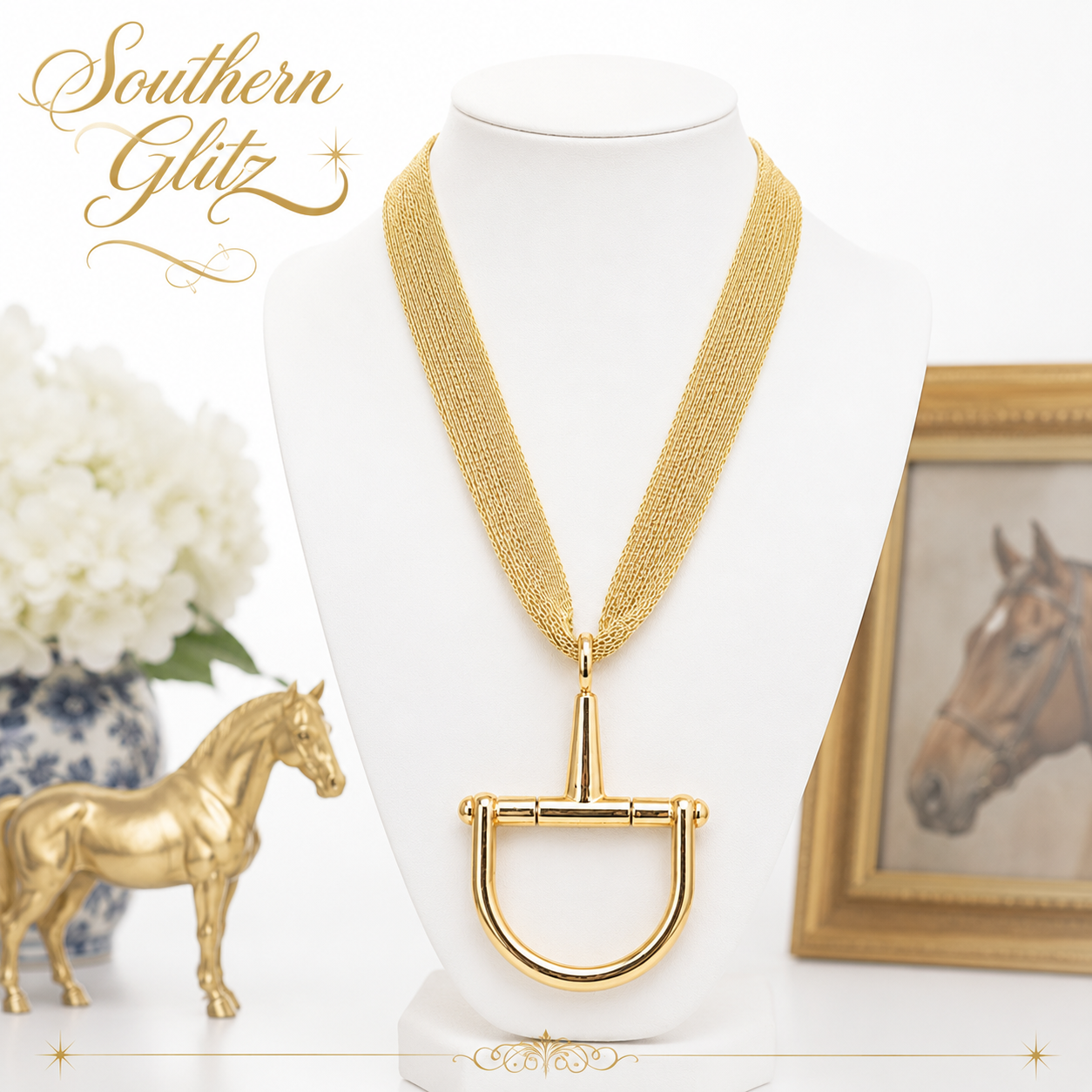 Gold Equestrian Bit Pendant Necklace | Multi-Strand Horse Lover Jewelry | Statement Horse Show Necklace