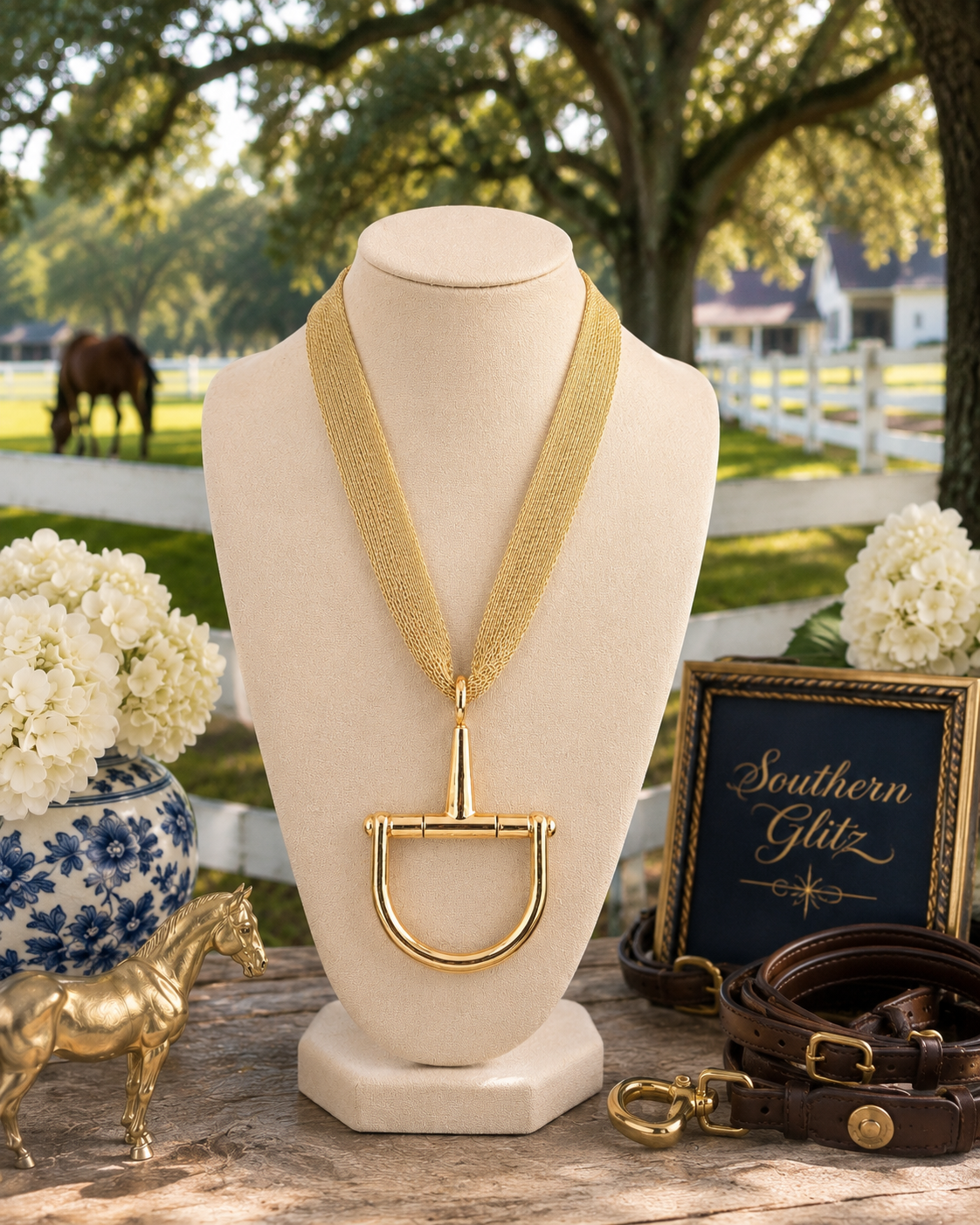 Gold Equestrian Bit Pendant Necklace | Multi-Strand Horse Lover Jewelry | Statement Horse Show Necklace