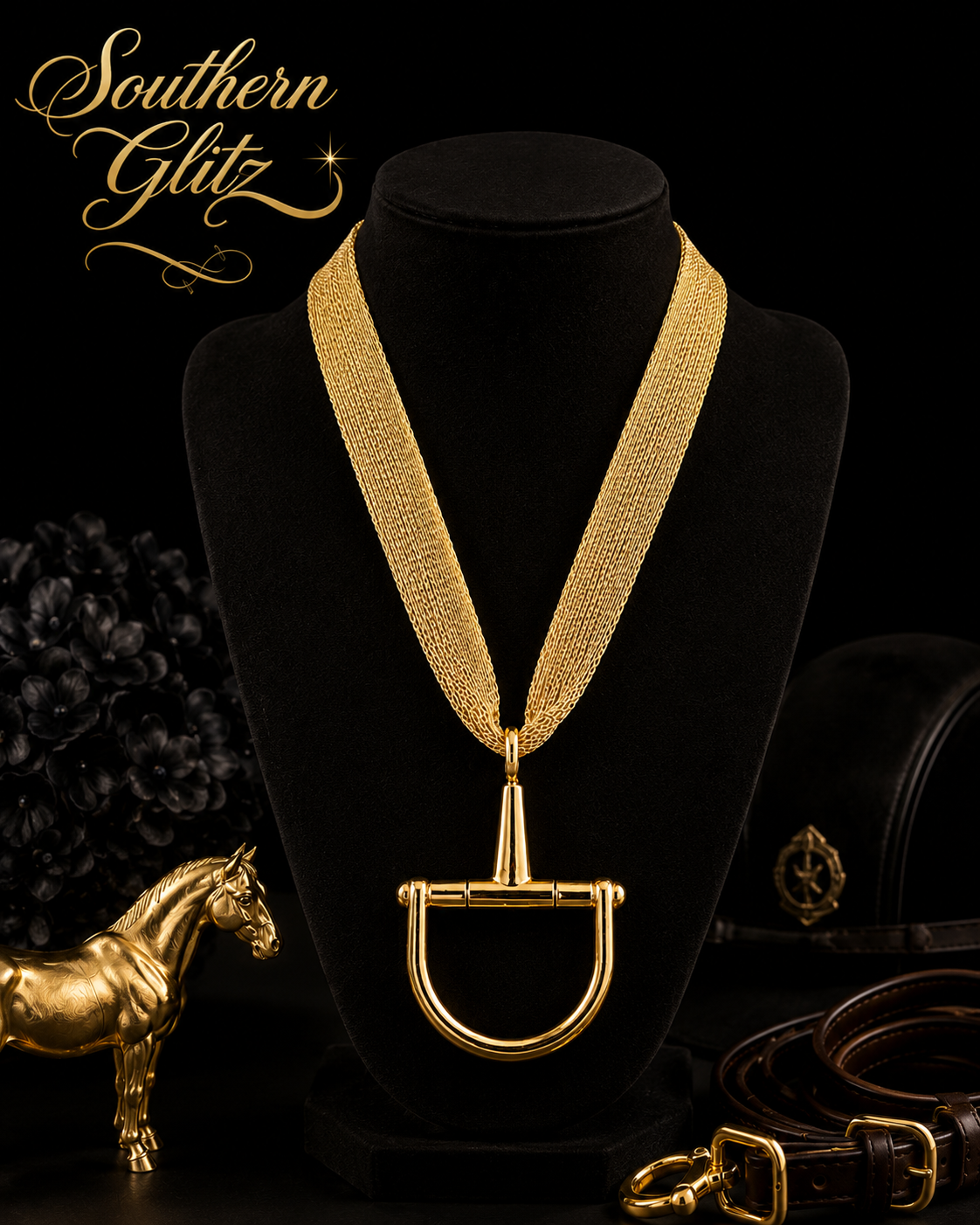 Gold Equestrian Bit Pendant Necklace | Multi-Strand Horse Lover Jewelry | Statement Horse Show Necklace