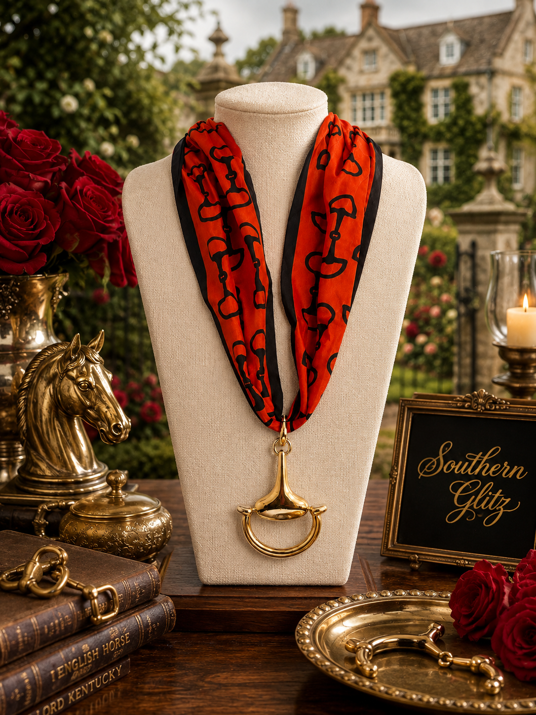 Red & Black Equestrian Scarf Necklace, Gold Horse Bit Pendant, Horse Lover Jewelry, Statement Scarf Necklace, Equestrian Gift