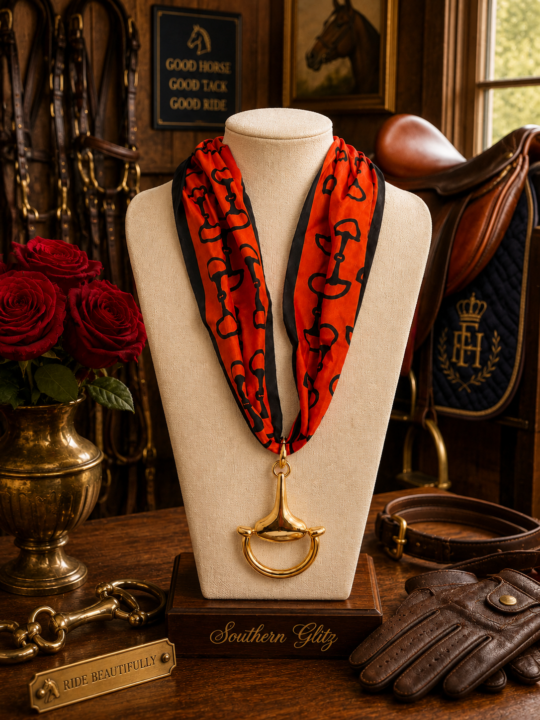 Red & Black Equestrian Scarf Necklace, Gold Horse Bit Pendant, Horse Lover Jewelry, Statement Scarf Necklace, Equestrian Gift