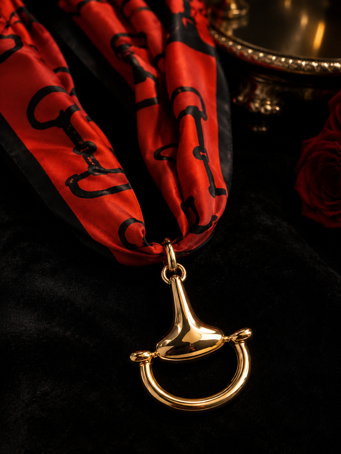 Red & Black Equestrian Scarf Necklace, Gold Horse Bit Pendant, Horse Lover Jewelry, Statement Scarf Necklace, Equestrian Gift