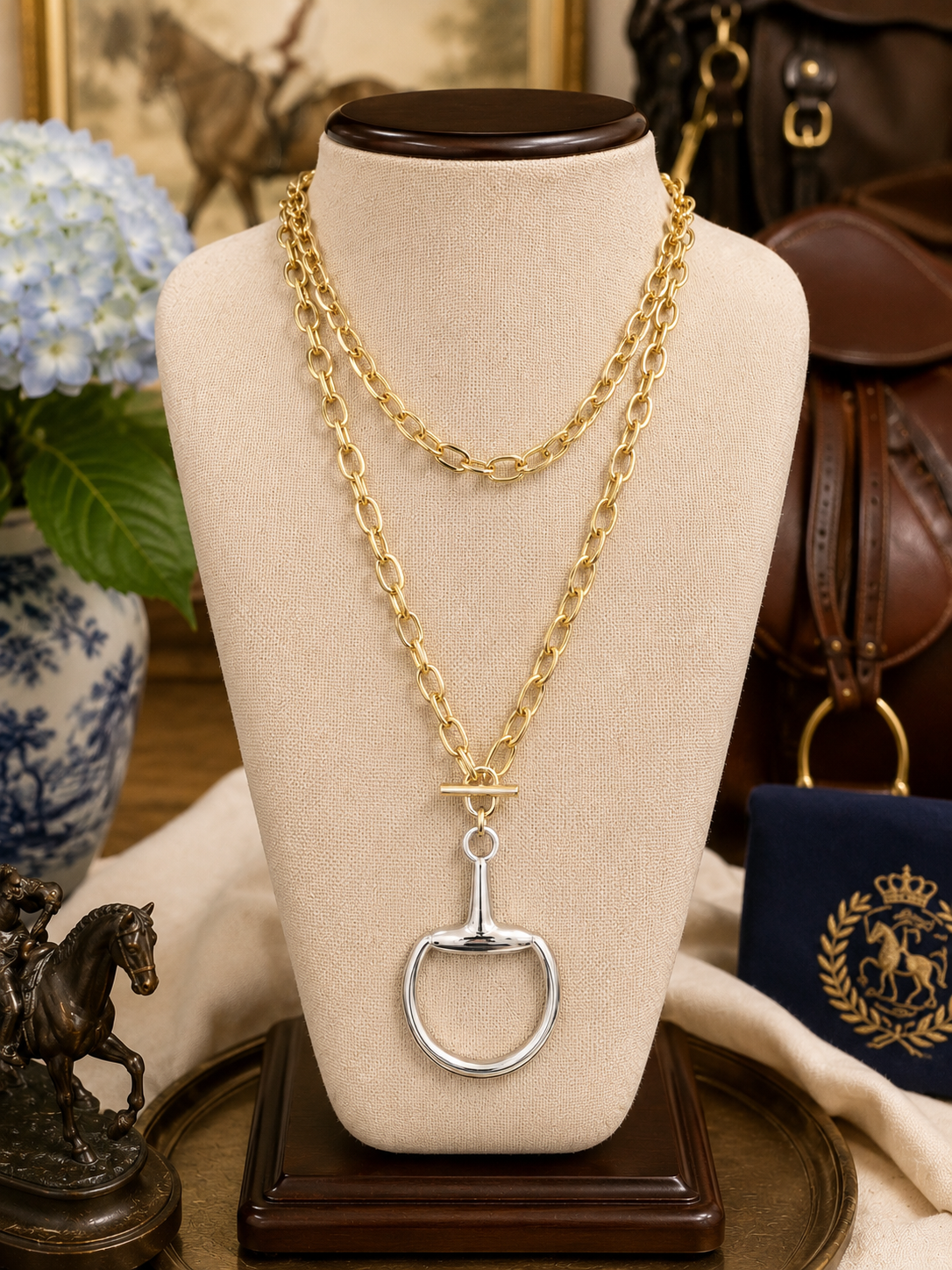 Two Tone Horse Bit Necklace, Gold Chain Silver Snaffle Pendant, Equestrian Jewelry, Horse Lover Gift, English Riding Necklace