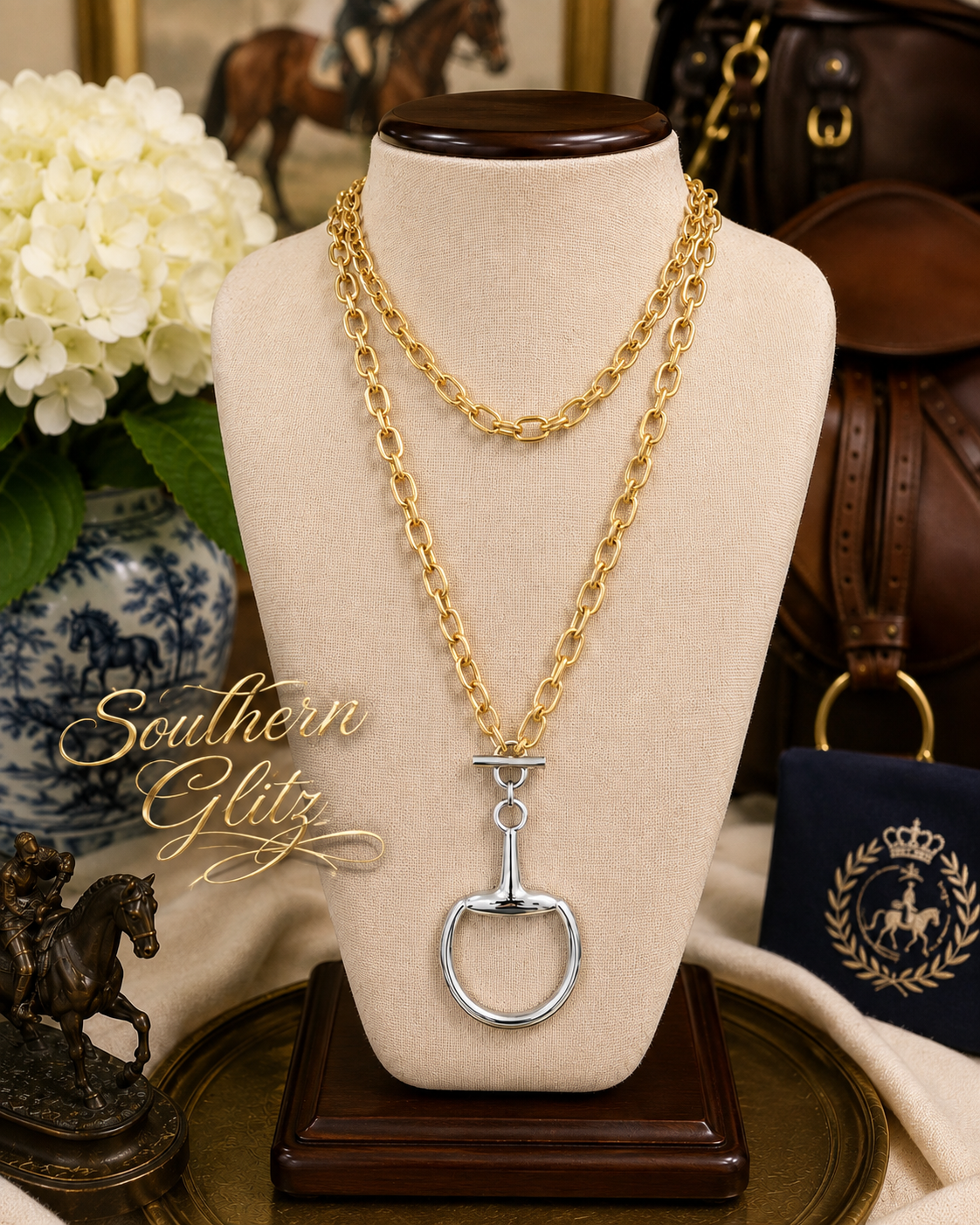 Two Tone Horse Bit Necklace, Gold Chain Silver Snaffle Pendant, Equestrian Jewelry, Horse Lover Gift, English Riding Necklace