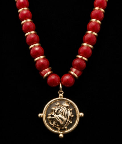 Red Beaded Bulldog Medallion Necklace, Gold Bulldog Pendant, Game Day Jewelry, Georgia Inspired Necklace, Dawg Fan Gift