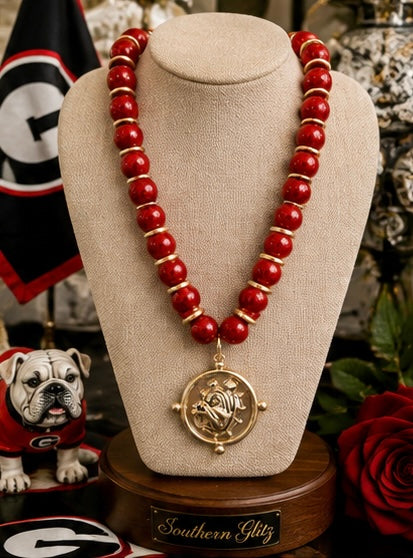 Red Beaded Bulldog Medallion Necklace, Gold Bulldog Pendant, Game Day Jewelry, Georgia Inspired Necklace, Dawg Fan Gift