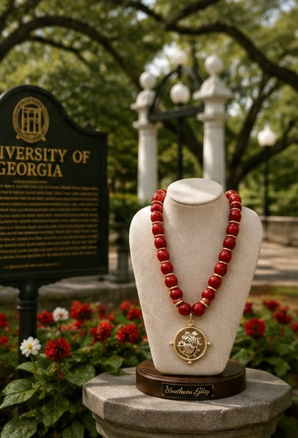 Red Beaded Bulldog Medallion Necklace, Gold Bulldog Pendant, Game Day Jewelry, Georgia Inspired Necklace, Dawg Fan Gift