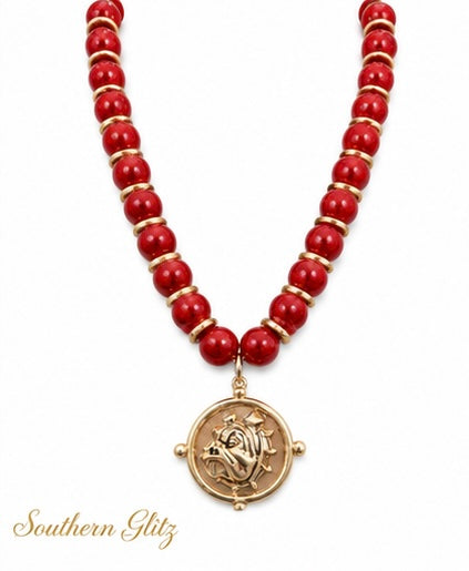 Red Beaded Bulldog Medallion Necklace, Gold Bulldog Pendant, Game Day Jewelry, Georgia Inspired Necklace, Dawg Fan Gift