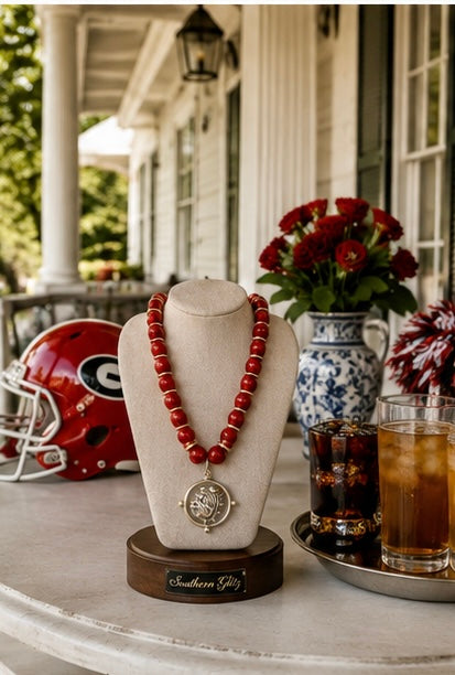 Red Beaded Bulldog Medallion Necklace, Gold Bulldog Pendant, Game Day Jewelry, Georgia Inspired Necklace, Dawg Fan Gift