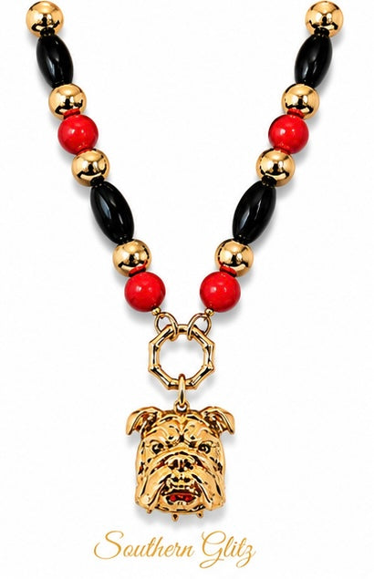 Red Black Bulldog Necklace, Gold Bulldog Pendant Necklace, Georgia Game Day Jewelry, College Football Fan Gift, Statement Necklace
