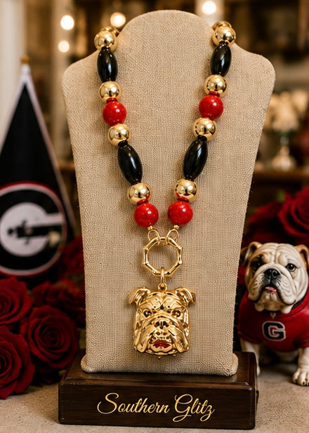 Red Black Bulldog Necklace, Gold Bulldog Pendant Necklace, Georgia Game Day Jewelry, College Football Fan Gift, Statement Necklace
