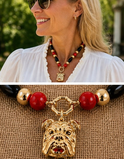 Red Black Bulldog Necklace, Gold Bulldog Pendant Necklace, Georgia Game Day Jewelry, College Football Fan Gift, Statement Necklace