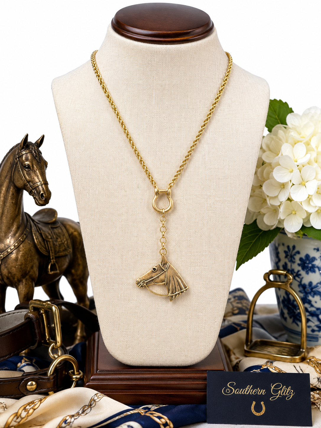 Gold Horse Head Necklace, Equestrian Pendant Necklace, Horse Lover Jewelry, Horse Girl Gift, Western Equestrian Necklace