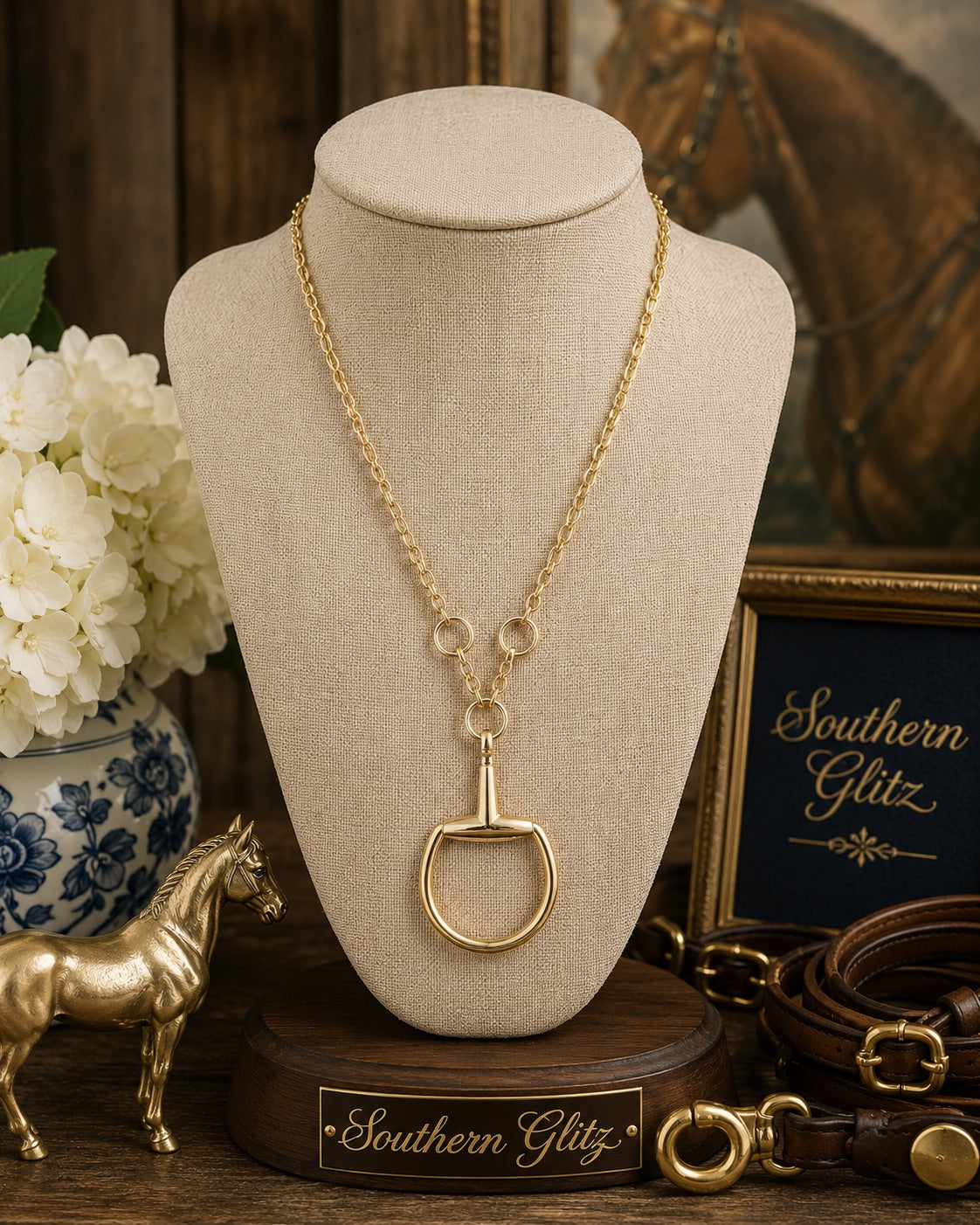 Title: Gold Equestrian Horse Bit Necklace, D Ring Snaffle Pendant, Horse Lover Jewelry, Elegant Equestrian Gift for Rider