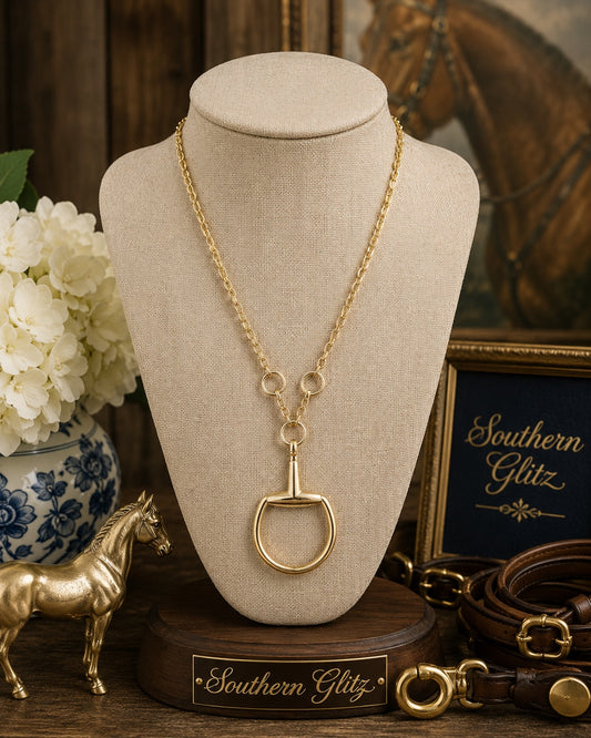 Title: Gold Equestrian Horse Bit Necklace, D Ring Snaffle Pendant, Horse Lover Jewelry, Elegant Equestrian Gift for Rider