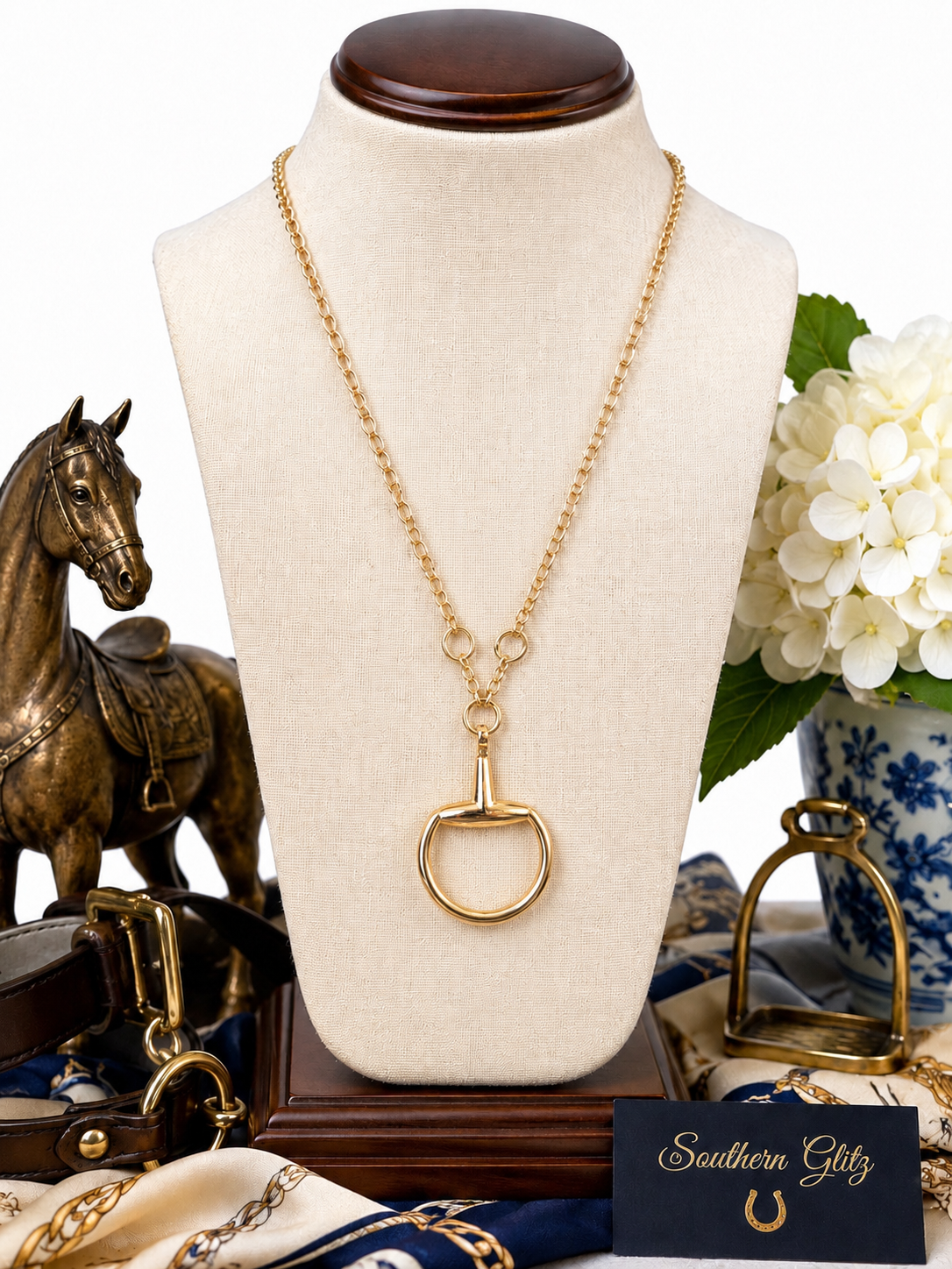 Title: Gold Equestrian Horse Bit Necklace, D Ring Snaffle Pendant, Horse Lover Jewelry, Elegant Equestrian Gift for Rider