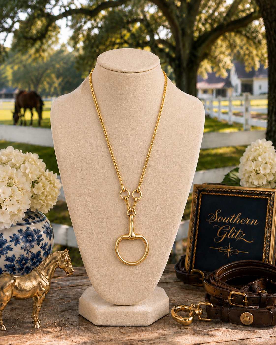 Title: Gold Equestrian Horse Bit Necklace, D Ring Snaffle Pendant, Horse Lover Jewelry, Elegant Equestrian Gift for Rider