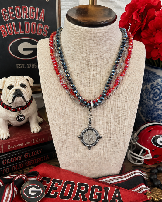 Georgia Bulldog Beaded Necklace, Red Black Game Day Necklace, Silver Bulldog Pendant, Georgia Fan Jewelry, Statement Necklace