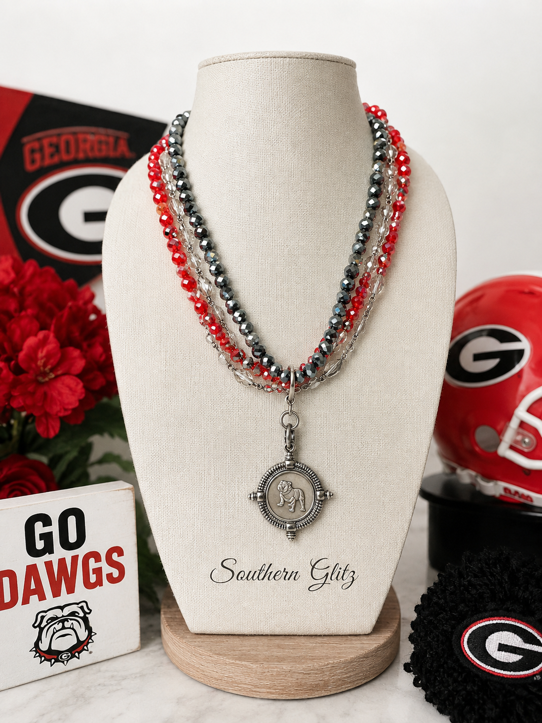 Georgia Bulldog Beaded Necklace, Red Black Game Day Necklace, Silver Bulldog Pendant, Georgia Fan Jewelry, Statement Necklace