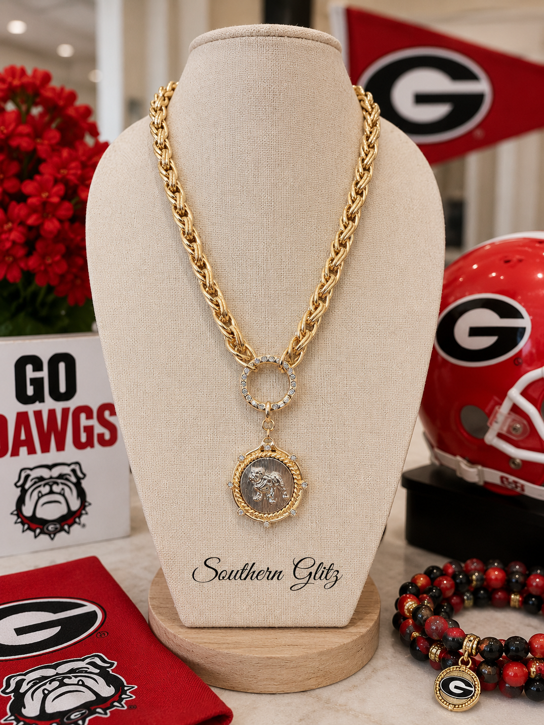 Two Tone Bulldog Medallion Necklace, Gold Statement Necklace, Crystal Toggle Bulldog Pendant, Dog Lover Gift