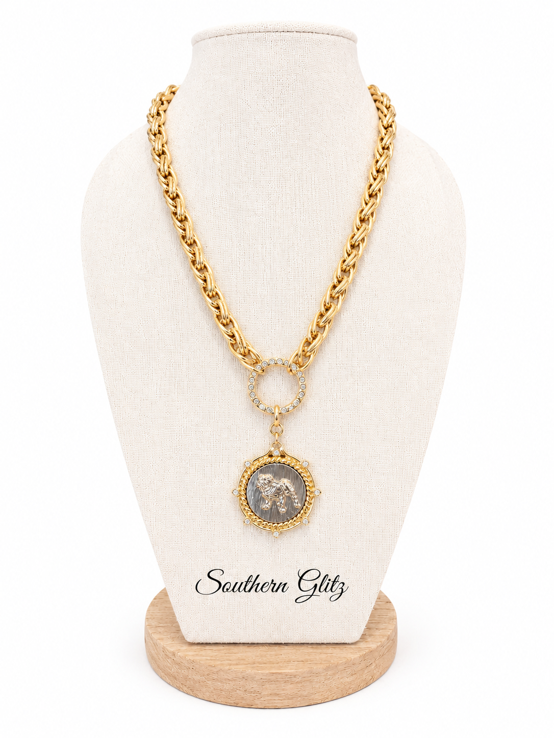 Two Tone Bulldog Medallion Necklace, Gold Statement Necklace, Crystal Toggle Bulldog Pendant, Dog Lover Gift