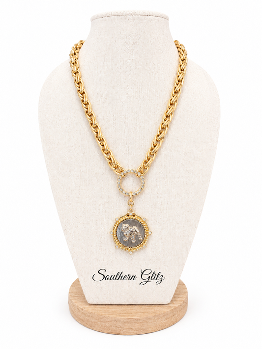 Two Tone Bulldog Medallion Necklace, Gold Statement Necklace, Crystal Toggle Bulldog Pendant, Dog Lover Gift