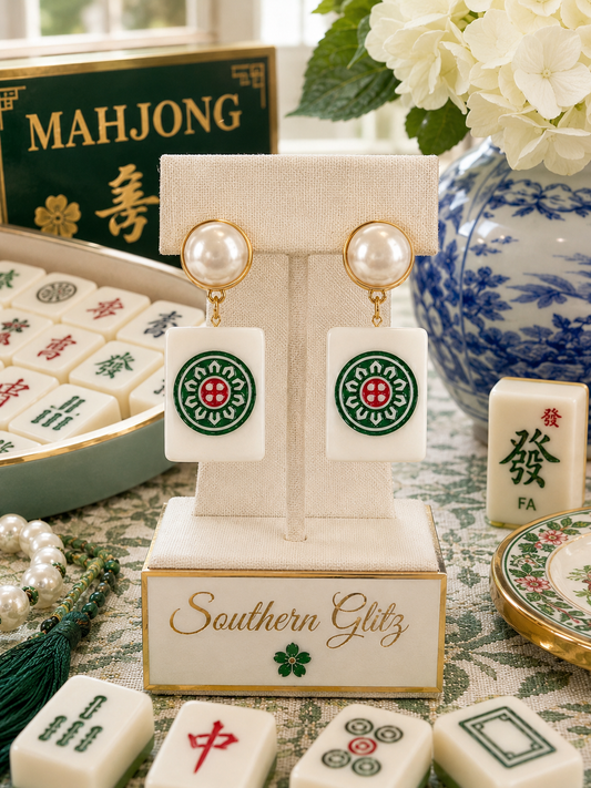Mahjong Tile Earrings, Pearl Mahjong Earrings, Green Red Game Night Jewelry, Mahjong Lover Gift, Statement Drop Earrings
