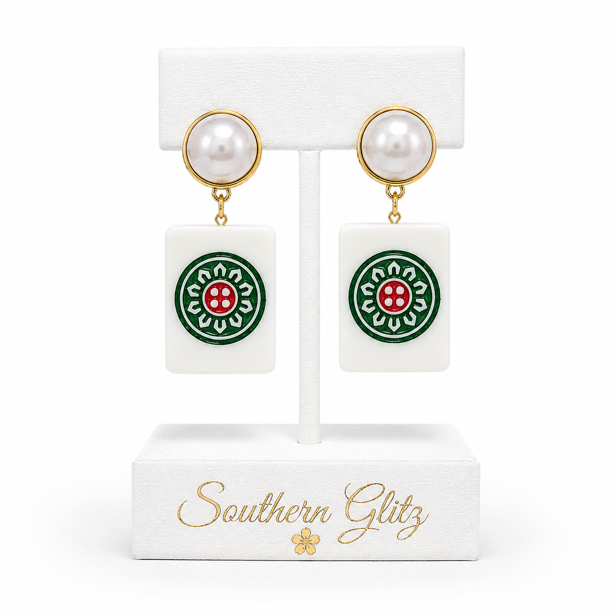 Mahjong Tile Earrings, Pearl Mahjong Earrings, Green Red Game Night Jewelry, Mahjong Lover Gift, Statement Drop Earrings
