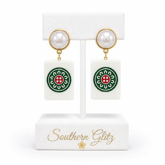 Mahjong Tile Earrings, Pearl Mahjong Earrings, Green Red Game Night Jewelry, Mahjong Lover Gift, Statement Drop Earrings