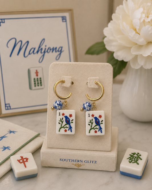 Mahjong Bird Tile Earrings, Blue and White Mahjong Earrings, Gold Hoop Game Night Jewelry, Mahjong Lover Gift