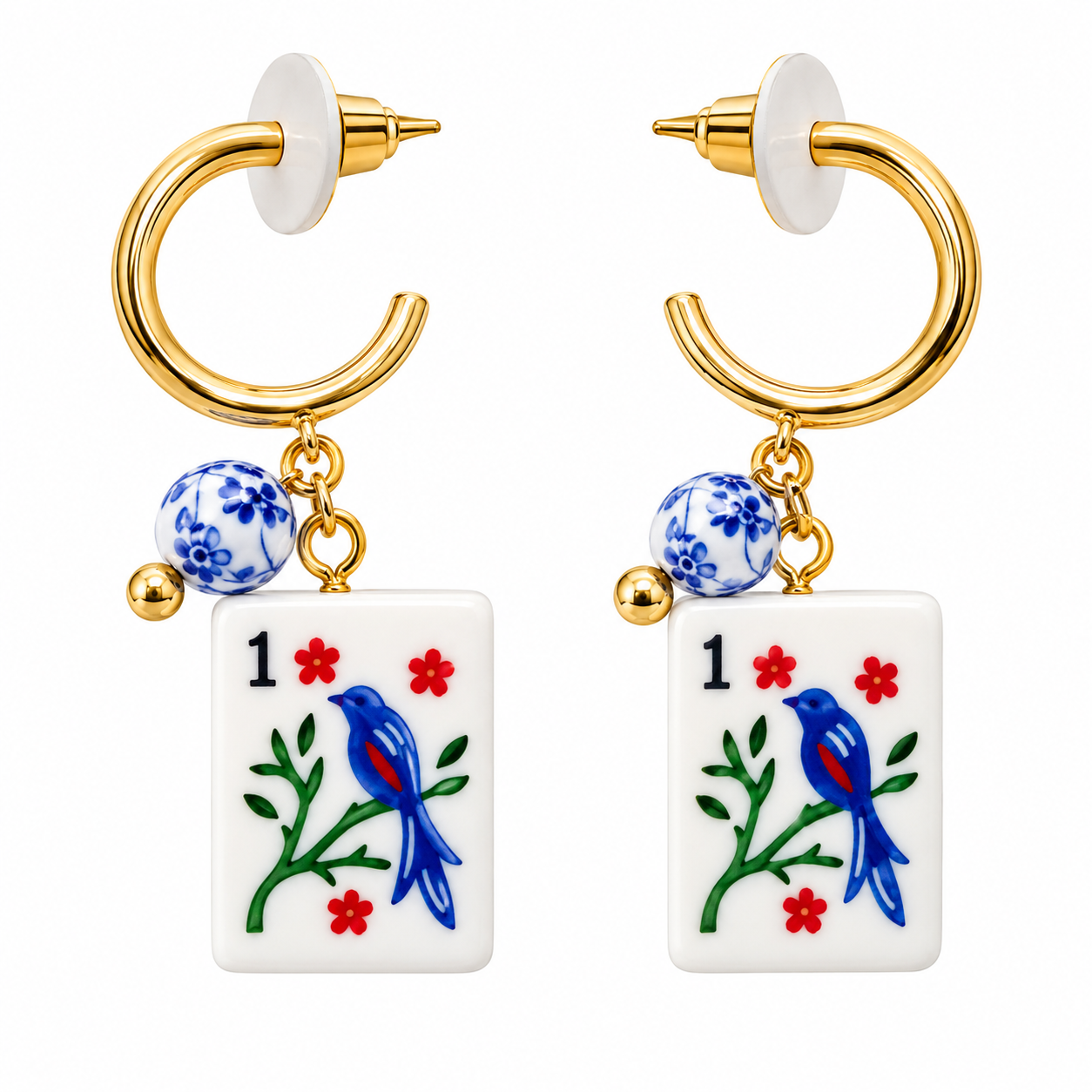 Mahjong Bird Tile Earrings, Blue and White Mahjong Earrings, Gold Hoop Game Night Jewelry, Mahjong Lover Gift