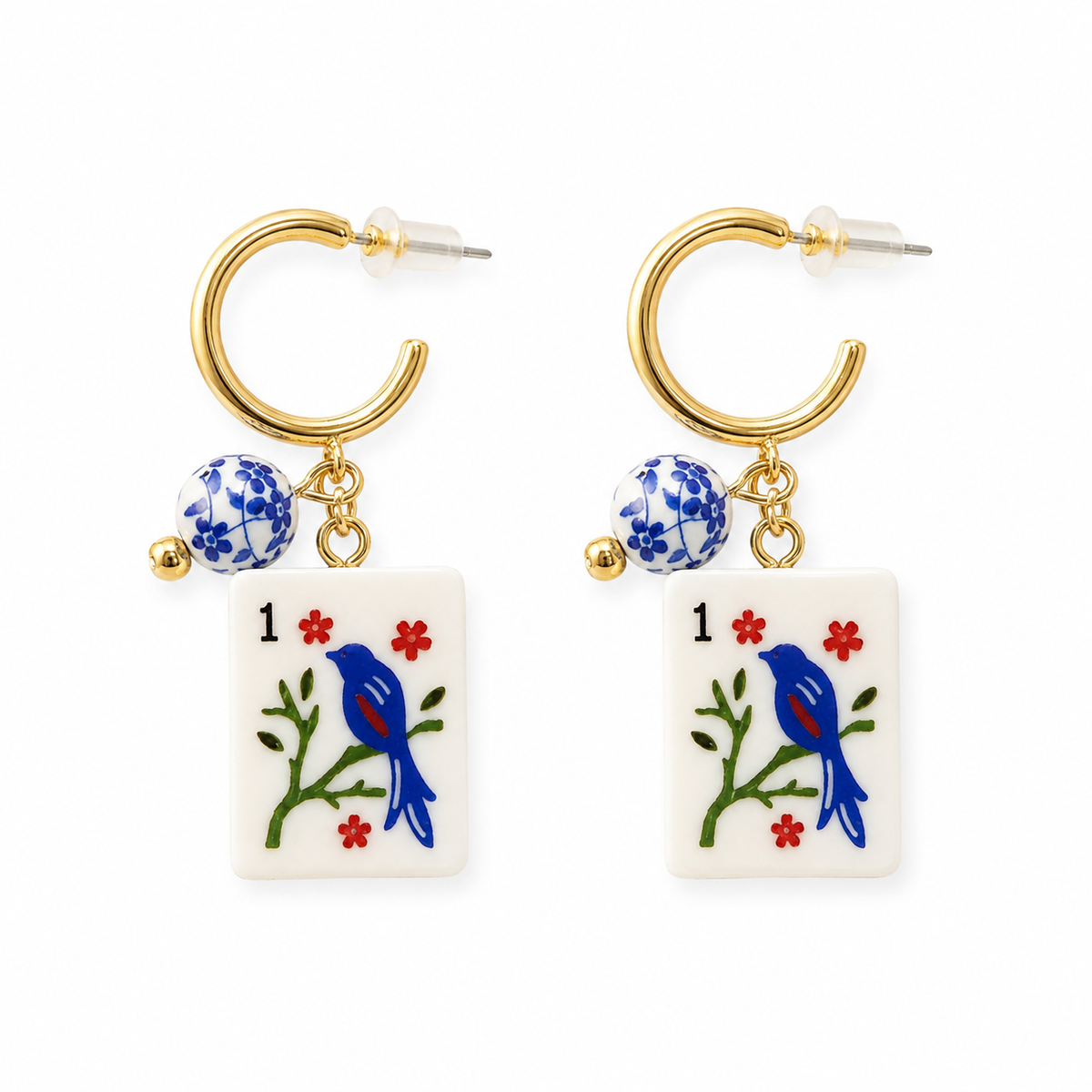 Mahjong Bird Tile Earrings, Blue and White Mahjong Earrings, Gold Hoop Game Night Jewelry, Mahjong Lover Gift