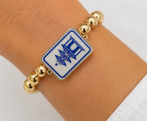 Blue White Mahjong Bracelet, Gold Beaded Mahjong Tile Bracelet, Mahjong Lover Gift, Game Night Jewelry, Chinoiserie Style Bracelet