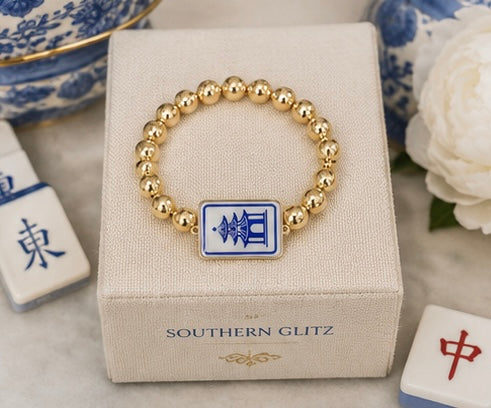 Blue White Mahjong Bracelet, Gold Beaded Mahjong Tile Bracelet, Mahjong Lover Gift, Game Night Jewelry, Chinoiserie Style Bracelet
