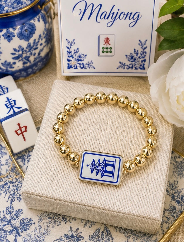 Blue White Mahjong Bracelet, Gold Beaded Mahjong Tile Bracelet, Mahjong Lover Gift, Game Night Jewelry, Chinoiserie Style Bracelet