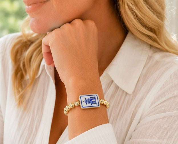 Blue White Mahjong Bracelet, Gold Beaded Mahjong Tile Bracelet, Mahjong Lover Gift, Game Night Jewelry, Chinoiserie Style Bracelet