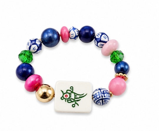 Colorful Mahjong Bracelet, Mahjong Bird Tile Bracelet, Blue Pink Beaded Game Night Jewelry, Mahjong Lover Gift, Chinoiserie Bracelet