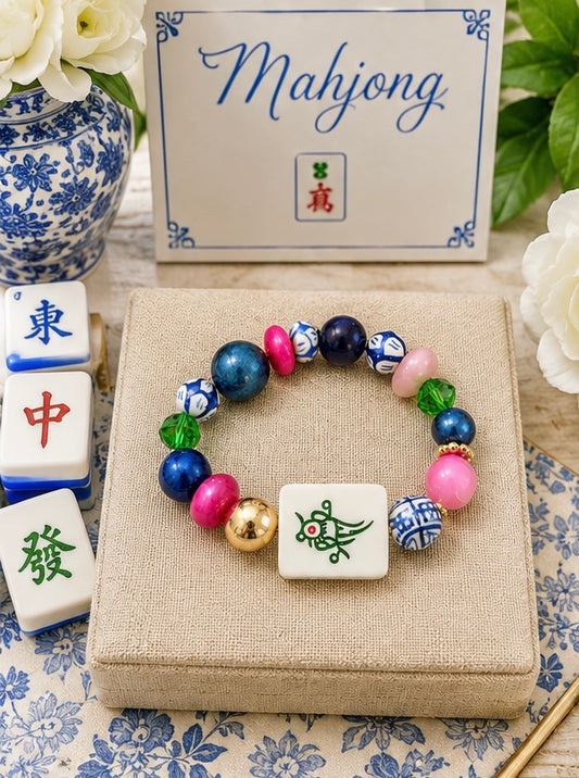 Colorful Mahjong Bracelet, Mahjong Bird Tile Bracelet, Blue Pink Beaded Game Night Jewelry, Mahjong Lover Gift, Chinoiserie Bracelet