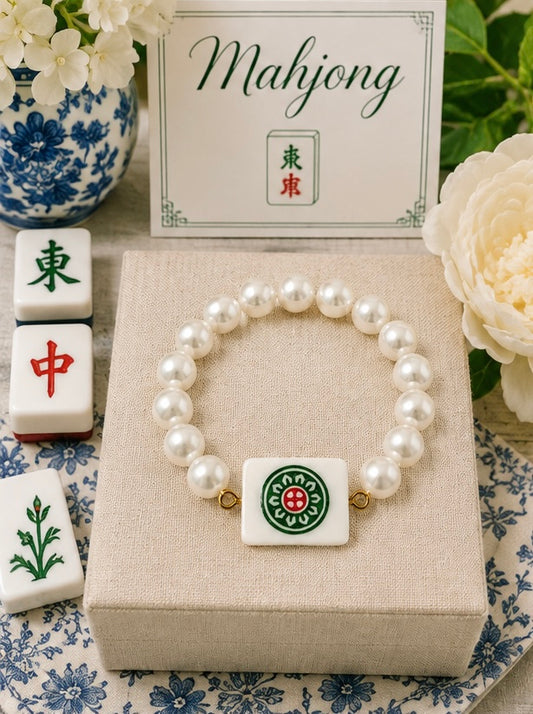 Pearl Mahjong Bracelet, Green Red Mahjong Tile Bracelet, Mahjong Lover Gift, Elegant Game Night Jewelry, Mahjong Player Bracelet
