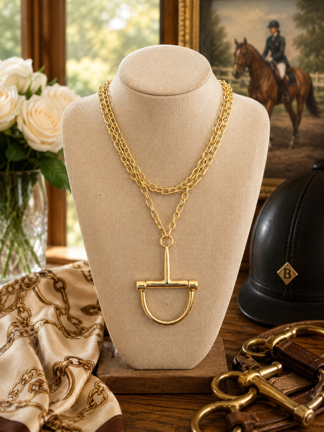 Gold Equestrian Statement Necklace, Layered Chain Horse Bit Pendant, Horse Lover Jewelry, Elegant Equestrian Gift